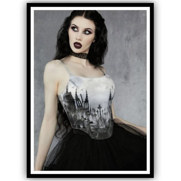 Widow ✦ Gothic Corset Graveyard Print ✦ Lace-Up Back w/ Side Zip Sculpting S NWT - Picture 3 of 8